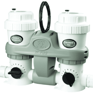 A pair of Pool FROG XL Pro Cyclers and Pool FROG XL Pro Mineral Reservoir, All-in-One Sanitizing System with FROG Minerals for Pools up to 40,000 gallons on a white background.